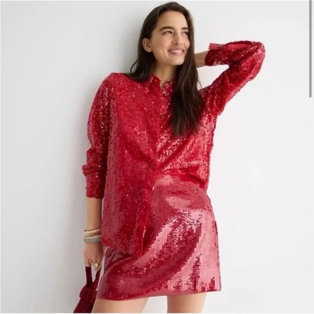 NWT J.Crew Collection Classic-fit Sequin Shirt in Dark Red Button-up Blouse - Picture 3 of 8
